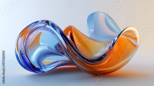 Stunning 3D Artwork Showcasing Elegant Glass Forms with Wavy Designs, Acclaimed by a Dual Blue and Orange Gradient Against a Minimalistic White Background