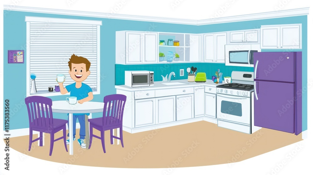 Boy Enjoying a Drink in a Modern Kitchen Boy Enjoying a Drink in a Modern Kitchen