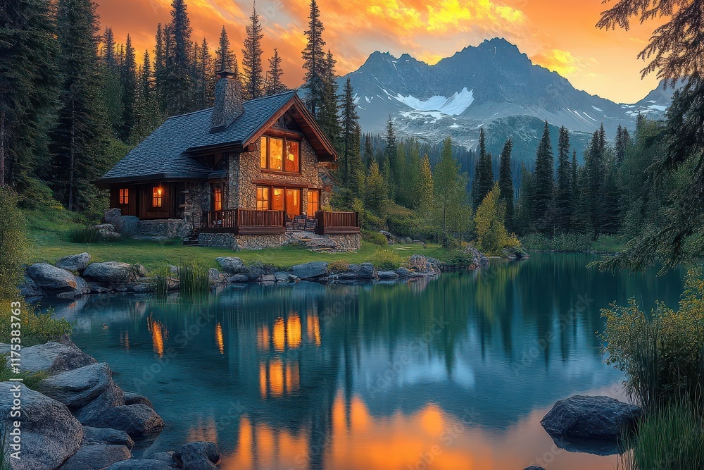 Fototapeta premium cozy cabin nestled by a serene lake bathed in warm sunset hues with majestic mountains in the background creating a tranquil atmosphere perfect for relaxation and nature appreciation
