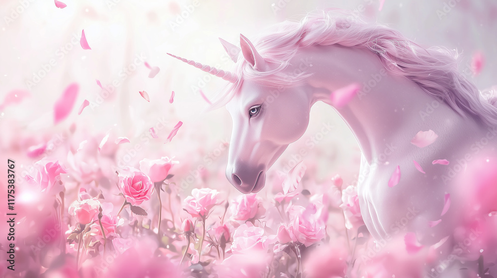 Fototapeta premium cute pink unicorn fairy on field with roses flowers