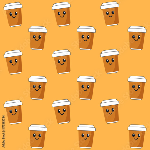 Cartoon coffee cup characters with smiling face seamless pattern. Vector flat illustration