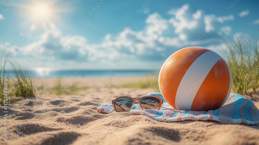 Sunny beach scene featuring a vibrant beach ball, colorful towel, and stylish sunglasses, perfect for a relaxing summer day. Sunny beach scene featuring a vibrant beach ball, colorful towel, and stylish sunglasses, perfect for a relaxing summer day.