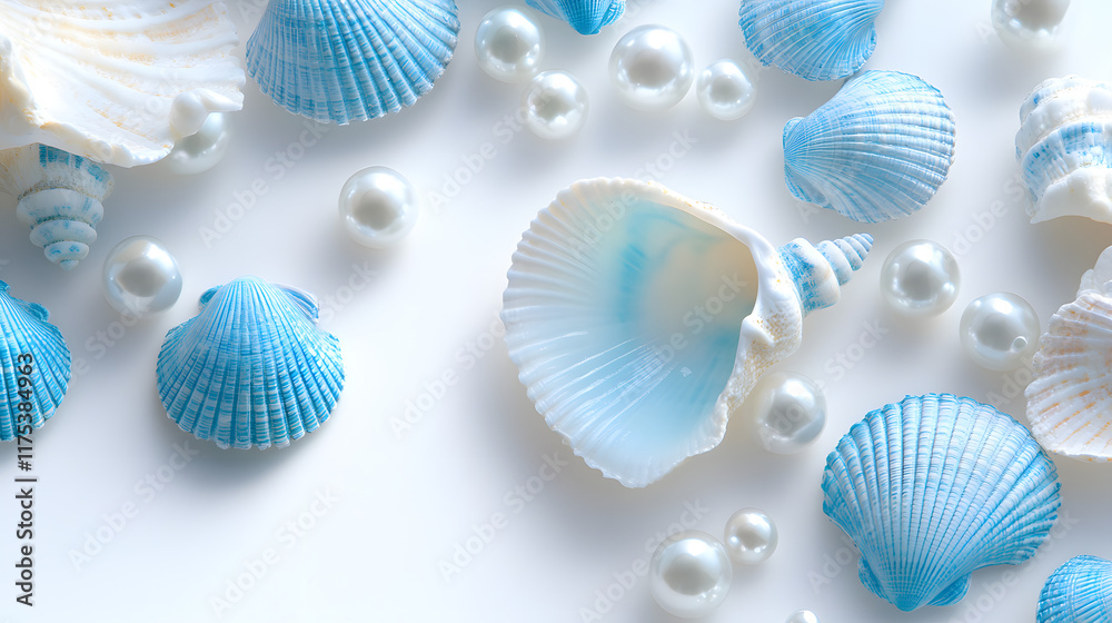 An Elegant Design of Blue Seashells and Luminous Pearls Against a Stark White Background An Elegant Design of Blue Seashells and Luminous Pearls Against a Stark White Background