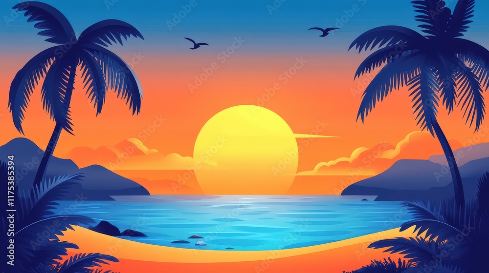 Obraz premium Serene Sunset Beach Scene With Palm Trees