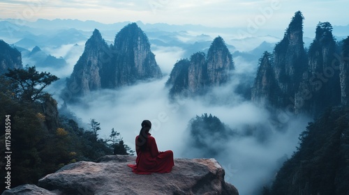 Serene Mountaintop Meditation: A Woman Contemplates the Misty Peaks of Zhangjiajie