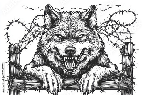 Snarling Wolf Tattoo Design Barbed Wire Fence - A snarling wolf's head peers over a barbed wire fence, symbolizing danger, captivity, freedom, defiance, and wildness.  Black and white tattoo design.
