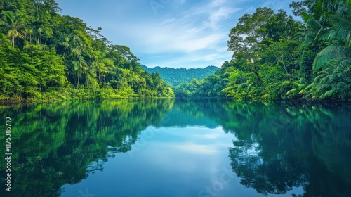 Serene Tropical Lake Reflected In Lush Green Foliage