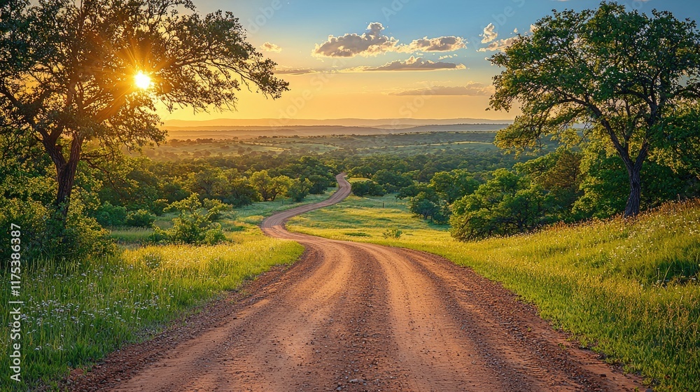 Obraz premium Majestic Sunset over Rolling Hills: A Scenic Country Road Beckons