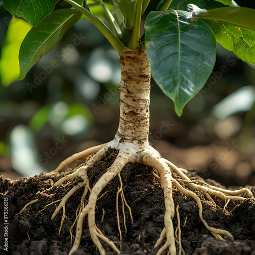 Close-up view of healthy plant roots with lush green leaves in damp soil under sunlight. Generative AI photo