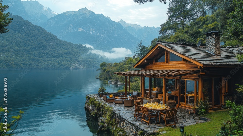 Naklejka premium Lakeside cabin nestled in mountains.
