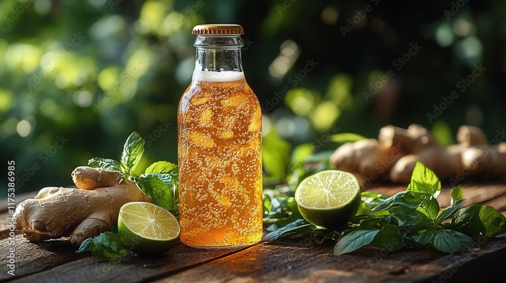 Craft ginger beer with a lime wedge on a rustic wooden picnic table, inviting summer refreshment and outdoor relaxation. Craft ginger beer with a lime wedge on a rustic wooden picnic table, inviting summer refreshment and outdoor relaxation.