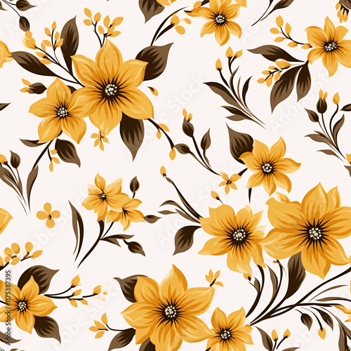 Wallpaper Mural Bright and Cheerful Floral Pattern with Yellow Flowers and Green Leaves on Soft Cream Background for Elegant Design Use Torontodigital.ca