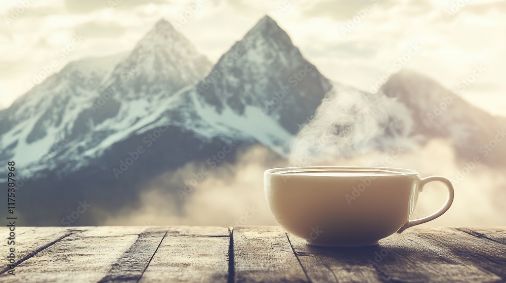 Serene Mountain View with a Warm Cup of Coffee Serene Mountain View with a Warm Cup of Coffee