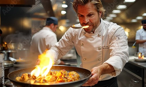 Passionate Male Chef expertly flambéing a dish in a professional kitchen.  High-end dining culinary art, delicious food preparation. Stock video footage.