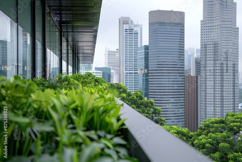 A city implementing green infrastructure featuring green roofs and vertical gardens Focus on innovative urban solutions to mitigate the impact of climate change