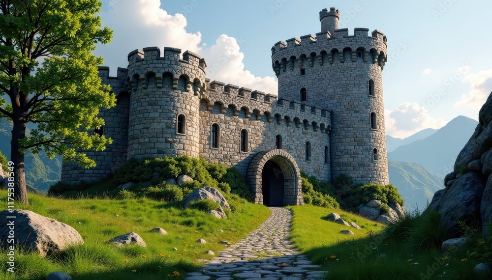 Gothic castle keep with thick stone walls and narrow windows, thick stone , fortified stronghold Gothic castle keep with thick stone walls and narrow windows, thick stone , fortified stronghold