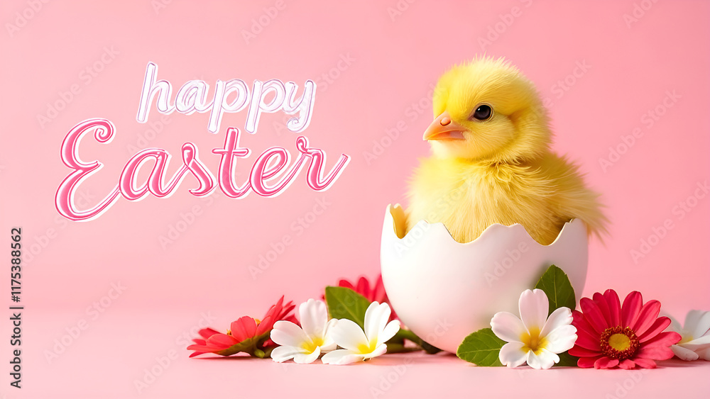 A Cute Easter Chick Emerging from Its Egg Surrounded by Beautiful Flowers and Colors. Happy Easter.