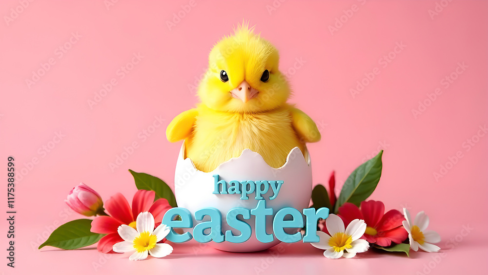 A Cute Easter Chick Emerging from Its Egg Surrounded by Beautiful Flowers and Colors. Happy Easter.
