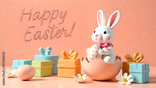 Obraz na płótnie A charming Easter scene with an adorable bunny, colorful eggs, and bright gifts celebrating the festive season. Happy Easter. w salonie
