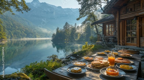 Lakeside cabin breakfast with mountain view. (8) photo