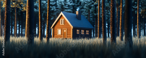 A simplistic representation of a cozy cabin in the woods, surrounded by tall pines.