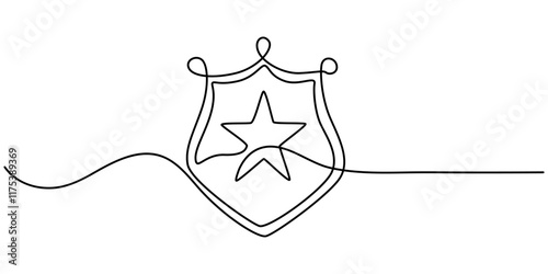 continuous line drawing of shield symbol with stars. abstract line art illustration, Defence Vector Line Icon - Simple Thin Line Icon, Premium Quality Design Element, Police gold shield badge.