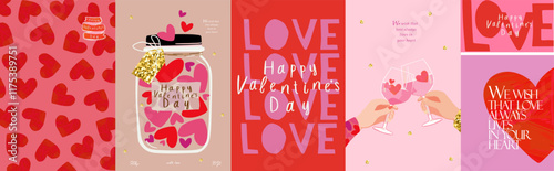 Happy Valentine's Day. Vector illustration of heart, hearts pattern, valentine jar,cheers, hand holding glass of pink  wine, cheers, love for greeting card, poster or background