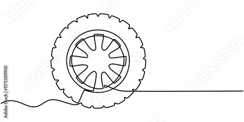 continuous drawing of a car tire in one line. vector, One continuous line illustration of a car wheel, isolated on white background. Line art of car wheel. Tire Hand Drawn Icon, Doodle Style Vector. 