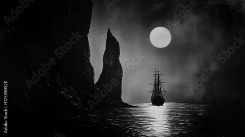 A haunting ship sailing on a black, misty sea under a moonless sky illustration, dark fantasy, 1970s photo