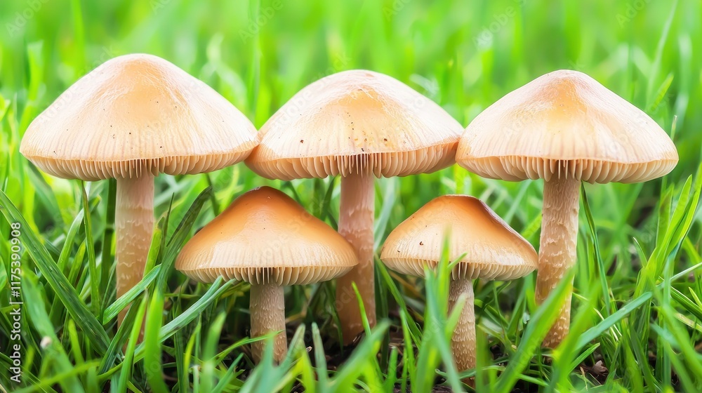 A cluster of small orange mushrooms growing in green grass. A cluster of small orange mushrooms growing in green grass.