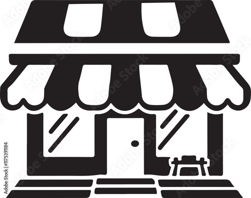 Quaint Black and White Storefront Illustration for Local Business Marketing