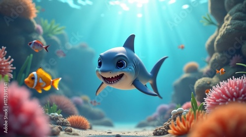 Playful baby shark swimming joyfully among colorful fish in a vibrant coral reef
