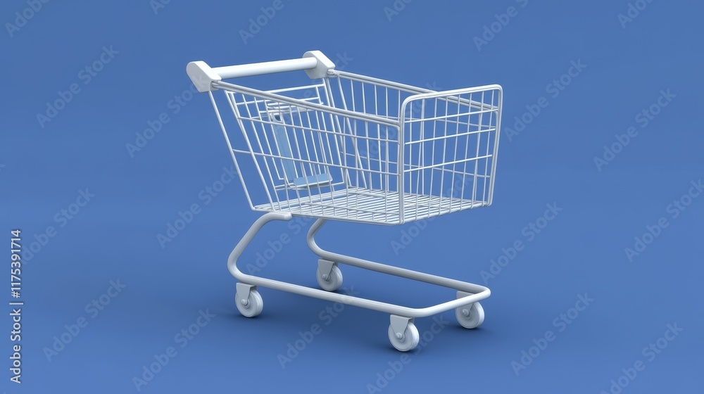 3D white shopping trolley on an isolated blue background 3D white shopping trolley on an isolated blue background