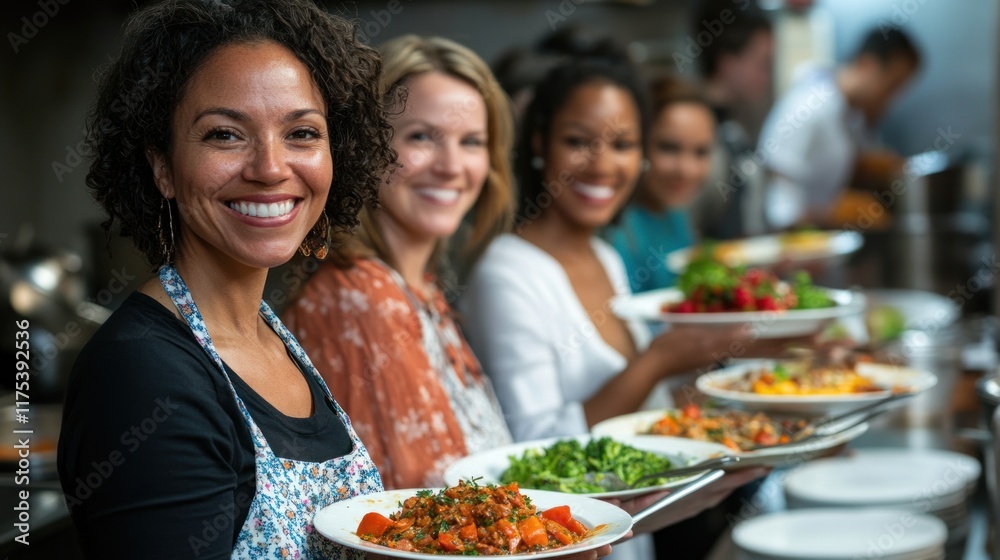 Fototapeta premium Smiling participants proudly display their culinary creations after a lively cooking class bonding over shared flavors and techniques