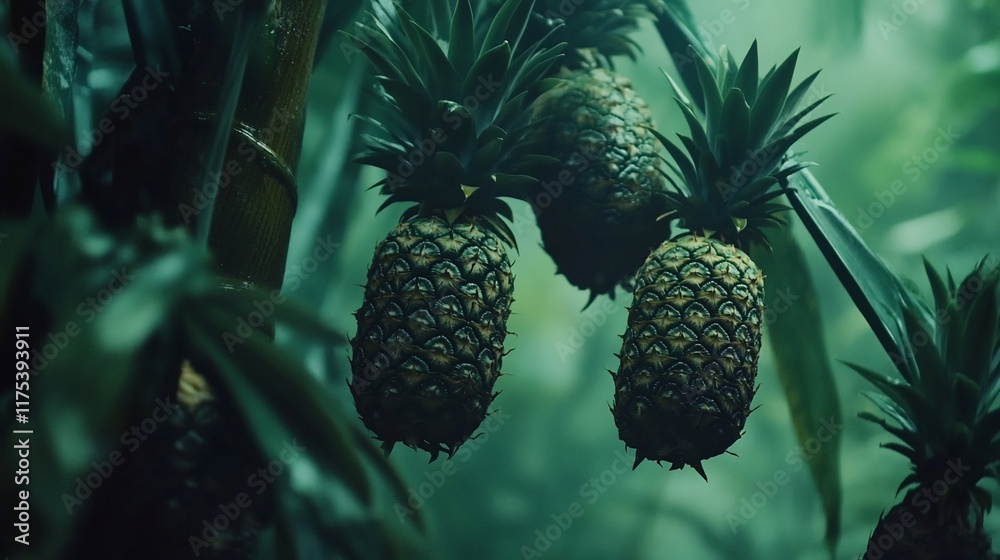 Mysterious Rainforest: Pineapples Hanging in the Lush Green Canopy Mysterious Rainforest: Pineapples Hanging in the Lush Green Canopy