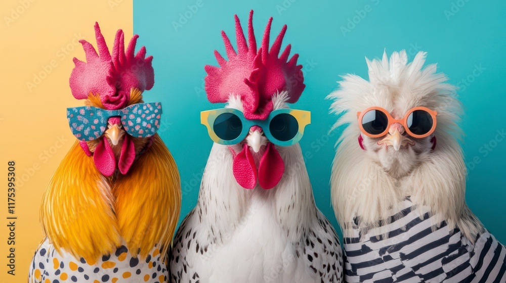 Fototapeta premium Three stylish roosters in sunglasses, posing against a vibrant teal and yellow background.