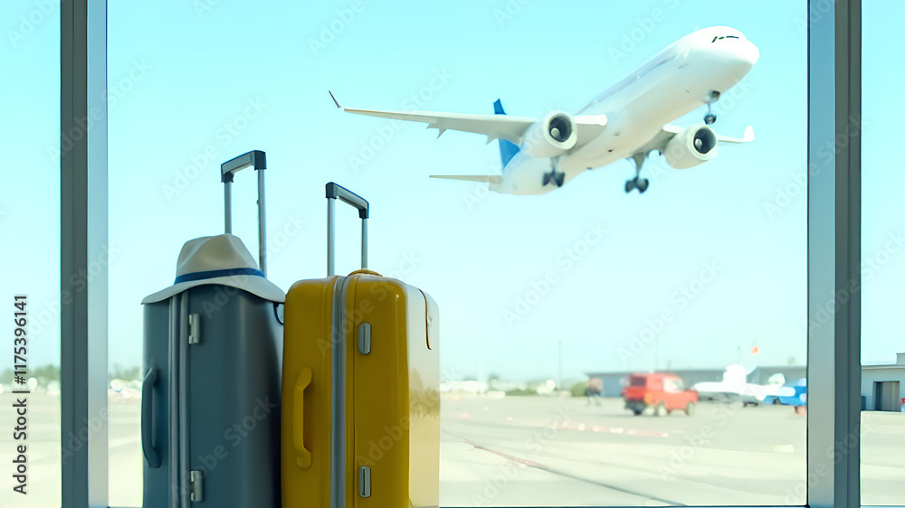 A vibrant scene at the airport captures the essence of a departing airplane and colorful luggage by the window