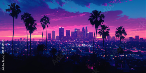 Los Angeles City Skyline. Neon Lights.