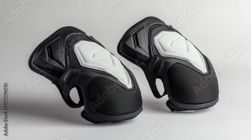 Durable Black Off-Road Biking Knee Guards with White Accents on White Backdrop photo