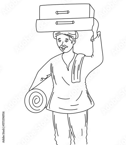 Cute cartoon hand drawn vector coolie, poor worker coloring page