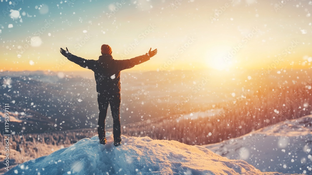 Triumphant Winter Sunrise: Man Embraces Mountaintop Majesty