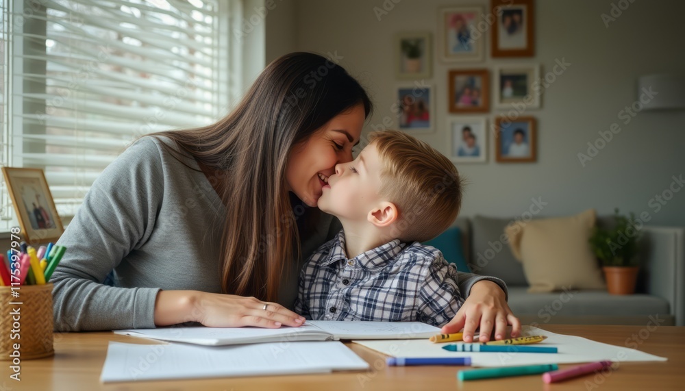 A loving mother and her young son share a tender kiss while engaged in a creative activity at a cozy table. The warm atmosphere is enhanced by soft natural light streaming through the window A loving mother and her young son share a tender kiss while engaged in a creative activity at a cozy table. The warm atmosphere is enhanced by soft natural light streaming through the window