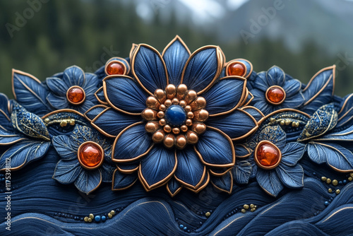 Intricate Blue Flower Design With Amber And Gold Accents