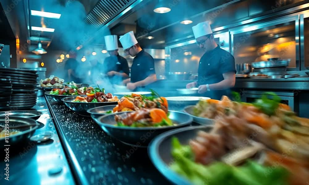 Restaurant Chefs Teamwork in a Busy Kitchen Preparing Delicious Dishes