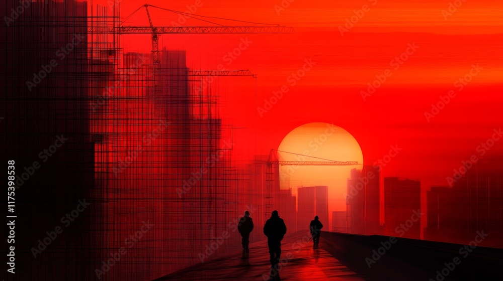 Silhouetted figures walk towards a vibrant sunset over a city skyline with construction cranes. Silhouetted figures walk towards a vibrant sunset over a city skyline with construction cranes.
