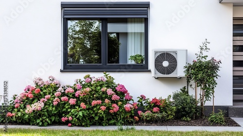 Modern heat pump system installed on the exterior wall of a building surrounded by plants and flowers, showcasing energy efficiency and eco-friendly technology for sustainable living photo