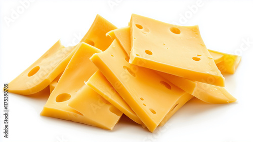 Cheese slices isolated on white background, sliced ​​cheese, pieces of sliced ​​maasdam cheese laid out to create a mockup. photo