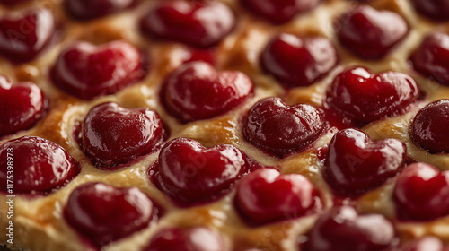 Cherry pie background with puff pastry heart decorations.Copy space.National Pie day. photo