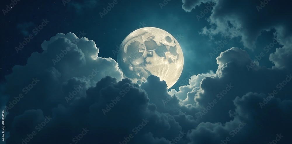 Obraz premium The moon hides behind thick, billowy clouds as a tempest rages, stormy, gray