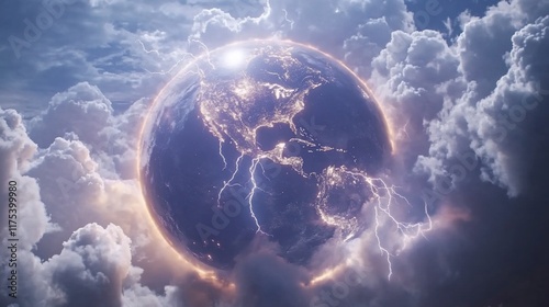 Fototapeta Naklejka Na Ścianę i Meble -  Apocalyptic Planet: Earth Surrounded by Stormy Clouds and Lightning